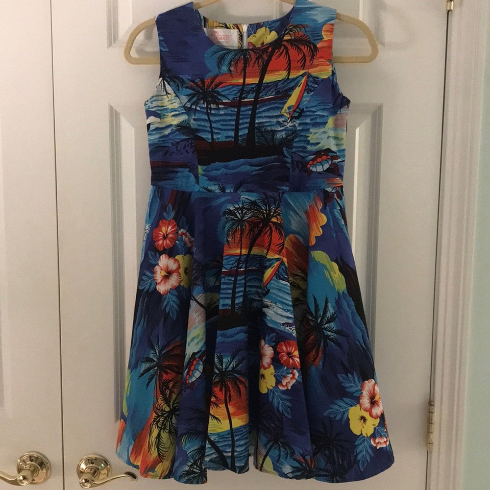 Hawaiian Hangover Colorful Blue Dress Surfer Palm Trees Ocean Flowers 14 Girl’s